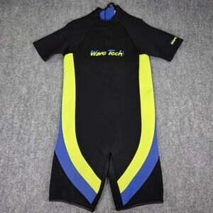 Wave Tech Shorty Wetsuit Mens XL Black Blue Yellow Short Sleeve Surf Swim USA